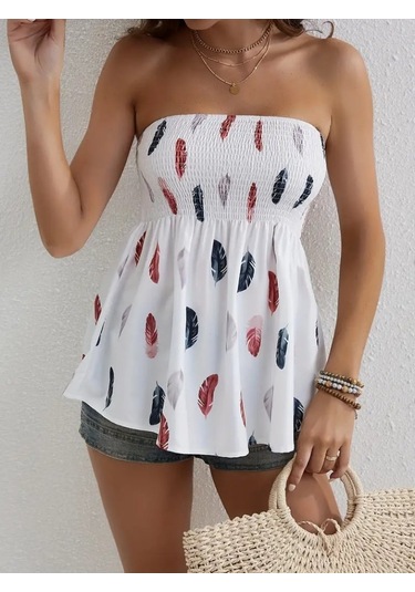 Ge Ticaret Kadın Yaprak Desenli Göğsü Gipeli Mosskrep Straplez Bluz Beyaz