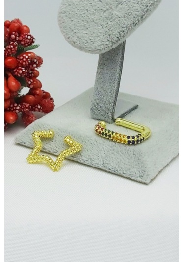 Caisyabutik Altın Kaplama Özel Seri Renkli Taşlı 2 Li Kombin Çelik Kıkırdak Altın