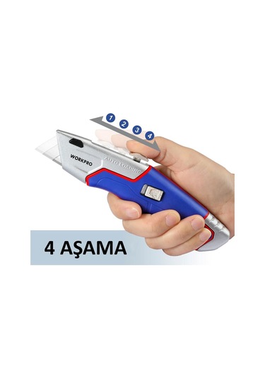 Workpro Wp213012 Ağır Hizmet Alüminyum Gövde Geri Çekilebilir Rötuş Maket Bıçağı + 4 Adet Yedek Bıçak Fr Wp213012