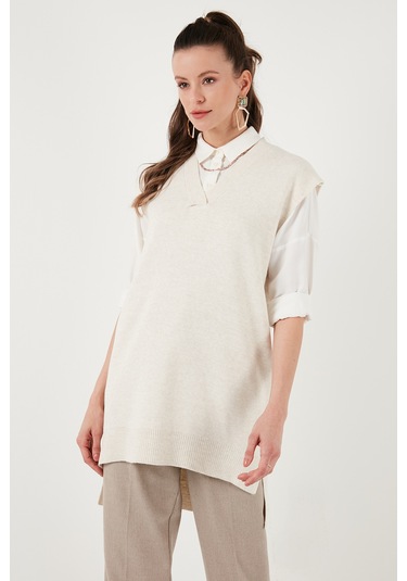 Lela V Yaka Arkası Uzun Triko Bayan Süveter 4616082Y Taş