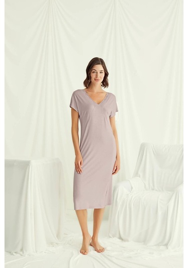 Monamise 18504 Kadın V Yaka Kısa Kollu Gecelik-vizon Vizon