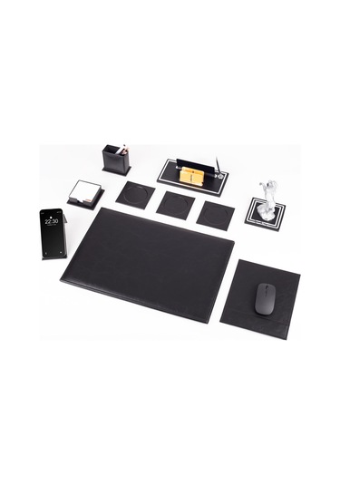 Opta 10 Parça Şahlanan At Biblolu Siyah Deri Sümen Seti Takımı Gümüş Ofis Masa İsimliği Lüks İsimlik