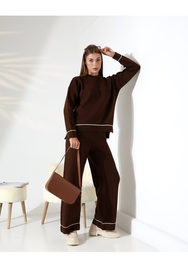 Kontrast Dikişli Kadın Triko Takım Kahverengi