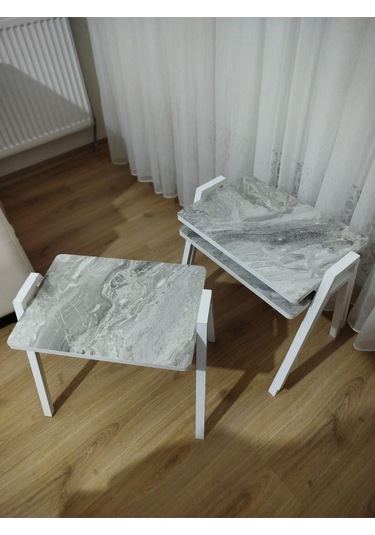 Zigon Sehpa 3'lü Mermer Desenli Tepsi Model Gri Mermer Desen Beyaz Ayak Gri Mermer