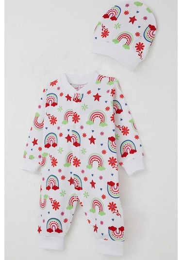 Breeze Kız Bebek Tulum Gökkuşağı Masalı Çiçek Desenli 0-6 Ay, Beyaz Beyaz