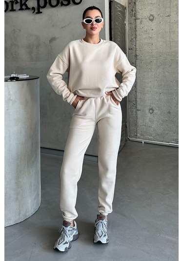 Modagen Unisex Bej Bisiklet Yaka Düz Oversize Alt-üst Eşofman Takımı Bej