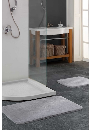 Elart Banyo Paspas Takımı 2li kaydırmaz tabanlı peluş doly gümüş Gümüş