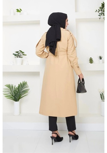 Kruvaze Yaka Bondit Kumaş Trençkot / M0106 - Camel Metalik Camel