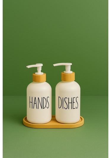 2'li Seramik Sıvı Sabunluk Seti Bambu Kapaklı Ve Standlı 550 Ml Hands & Dishes Mutfak Sabunluk Seti Beyaz - Şeffaf