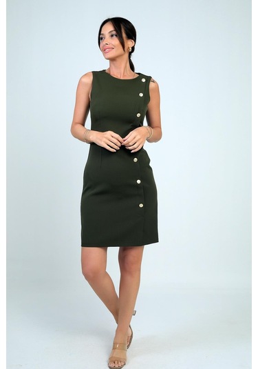 Kadın Kendinden Telalı Yan Düğmeli Kısa Elbise-41005 Haki
