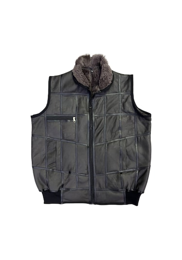 Içi Kürk-Dışı Süet Gerçek Deri Yakalı Ve Trikolu Yelek Gri