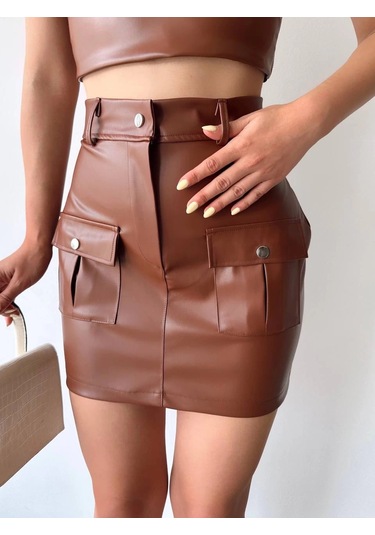 Önden İki Cepli Deri Etek Kahve H240040 Kahve