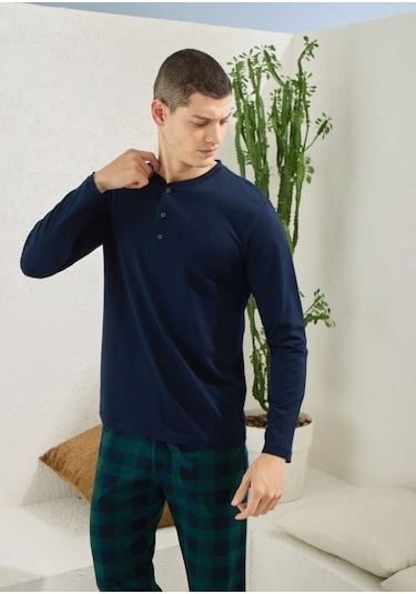 Kly Ekose Desen Pamuk Erkek Pijama Takım Lacivert