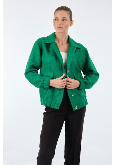 Unique Mode Düz Yaka Cepli Düğmeli Uzun Kollu Kadın Ceket U Yeşil