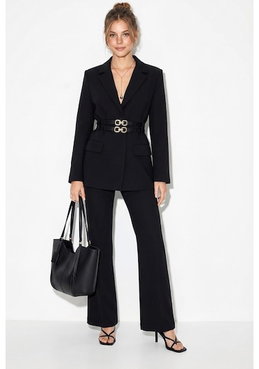 Shade Kadın Astarlı Çift Kemer Detaylı Klasik Blazer Ceket 8151 60286140 - Siyah