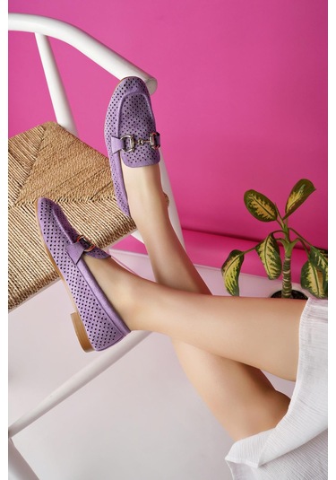 Muggo Phuket Garantili Metal Tokalı Lazerli Nefes Alabilen Deri Kadın Loafer Günlük Ayakkabı Mor