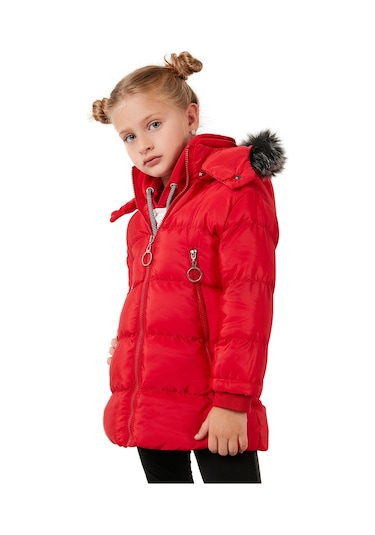 Lela Peluş Astarlı Yakası Suni Kürklü Çıkarılabilir Kapüşonlu Kışlık Kız Çocuk Mont 5766038 Kırmızı
