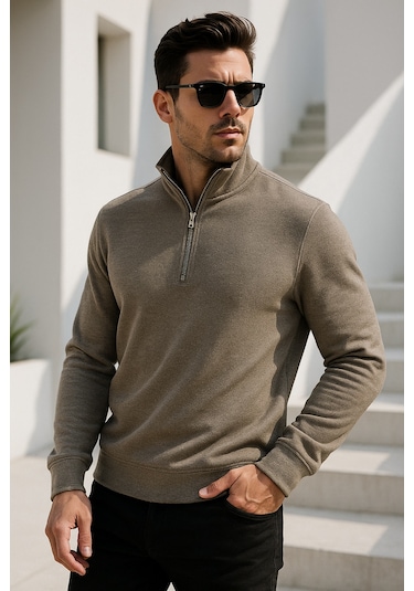 Rich Erkek Bej Yarım Fermuarlı Sweatshirt Bej