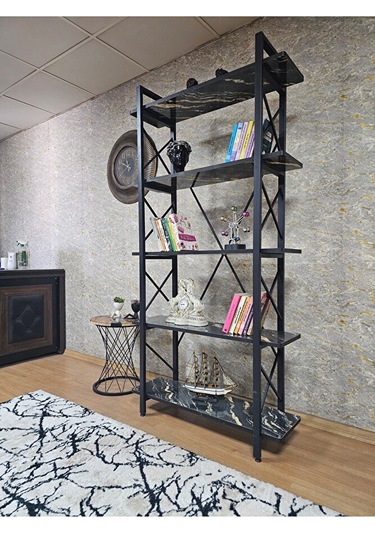 Çıkıntılı Siyah Boyalı Kitaplık - 5 Raflı Suntalem Lüks Kitaplık Çok Renkli