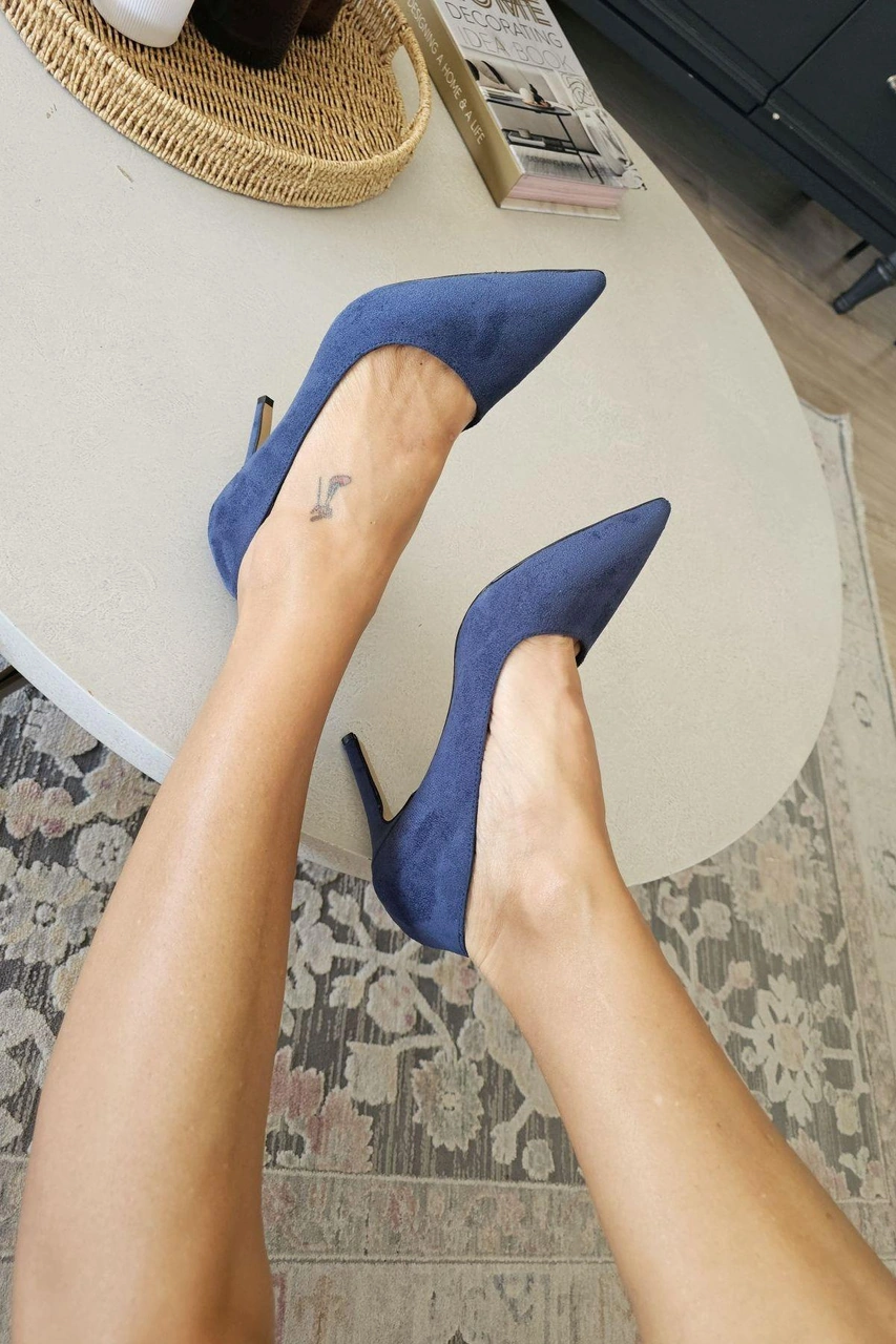 10 1814 Topukla Kadın İnce Topuklu Stiletto Ayakkabı Lacivert Süet