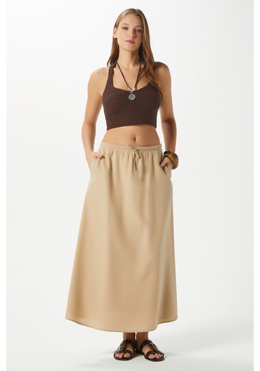 Kadın Seaside Vizon Astarlı Bel Lastikli Cepli Dokuma Uzun Etek Vizon