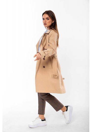Pastelastore %100 Pamuk Gabardin Midi 95cm Astarlı Kemerli Kadın Trençkot 1113 Açık Bej
