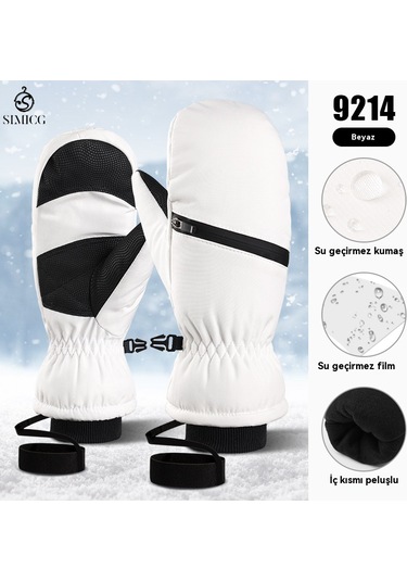 Kalınlaştırılmış Kışlık Su Geçirmez Snowboard Eldivenleri Beyaz