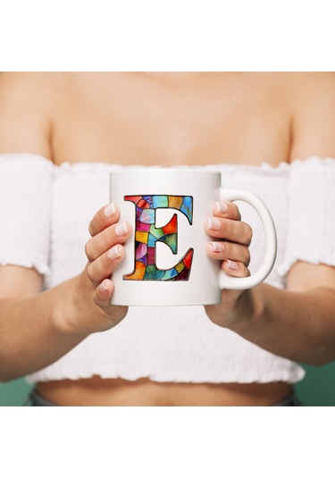 E Harfi Bardak 330 Ml İsme/harfe Özel Hediye, Renkli Harf Tasarım Beyaz