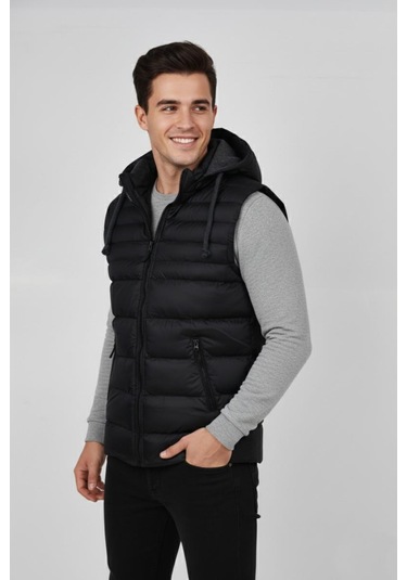 Erkek Kapüşonlu Spor Yelek 4300 Bgl-st04895 Siyah