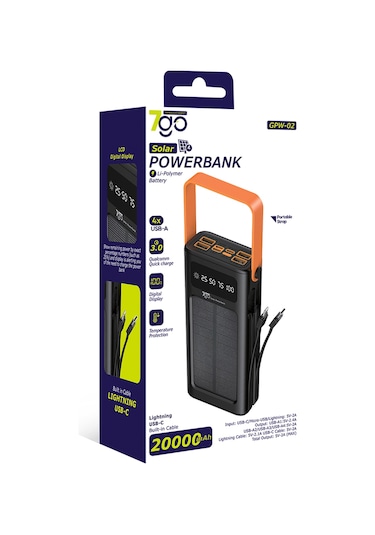 7go Gpw-02 20.000mah Solar Powerbank 4xusb-a, Qualcomm 3.0 Hızlı Şarj, Dahili Lightning & Usb-c Ka Siyah