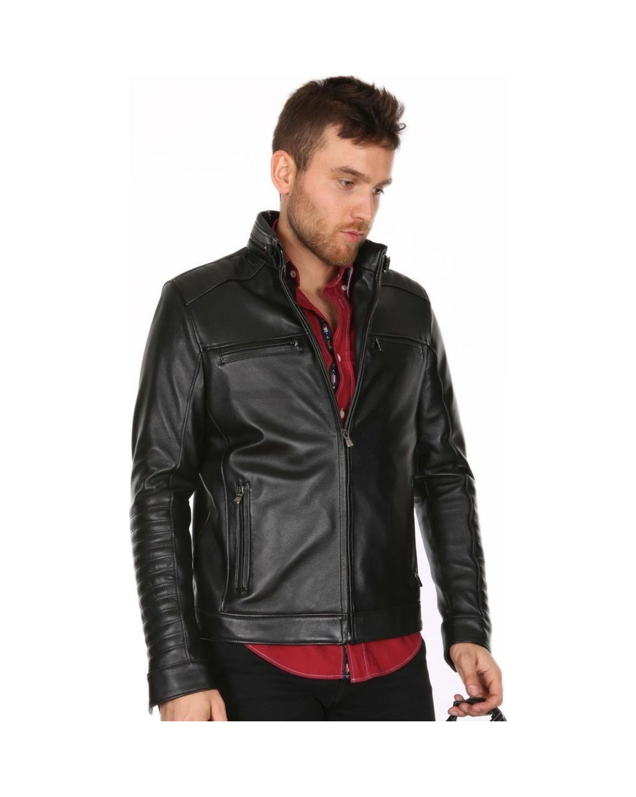 Hakiki Deri Siyah Kol Omuz Işlemeli Erkek Deri Ceket Siyah