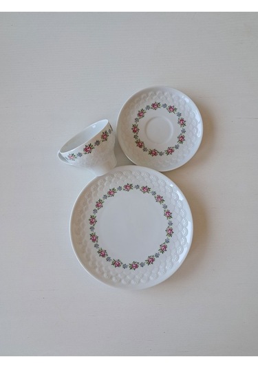 Trio Antıque Tea Cup & Saucer & Plate Üçlü Çay Fincanı Pembe Mavi Pembe-mavi