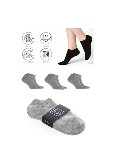 Bambu Erkek Patik Düz Gri Melanj Renk Çorap Dikişsiz Premium 3'lü Paket Gri Melanj