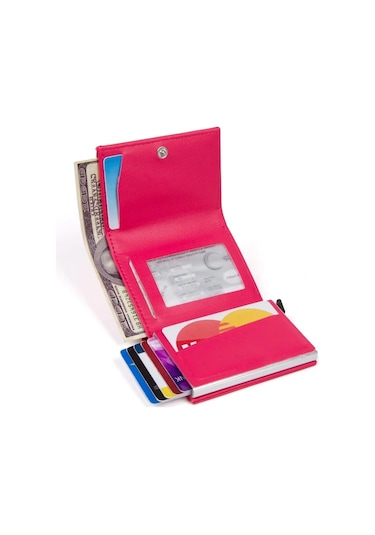 Tuldar Erkek Rfıd Otomatik Çekim Koruyucu Mekanizmalı Kağıt Para Bölmeli Hediyelik Kartlık Cüzdan Tul605 - Pembe
