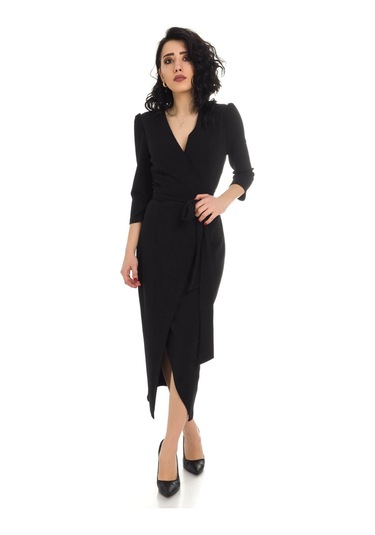Ayhan Kadın Büyük Beden Kruvaze Yaka Belden Bağlama Detaylı Krep Elbise 1246 Siyah Siyah