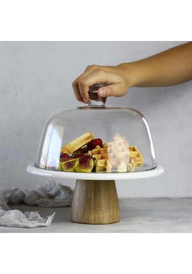 Akayev Mermer 25 CM Ahşap Konik Ayaklı Beyaz Cam Fanus