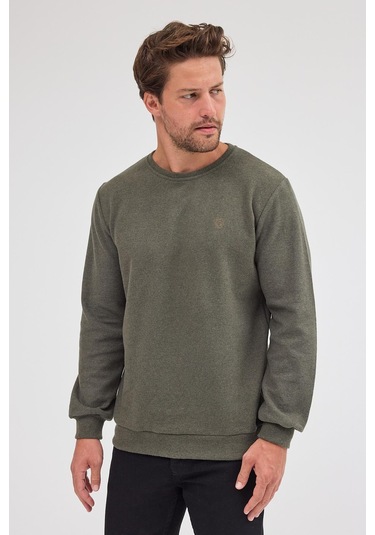 Erkek Haki Standart Fit Normal Kesim Pamuklu Basic Bisiklet Yaka Sweatshirt Haki