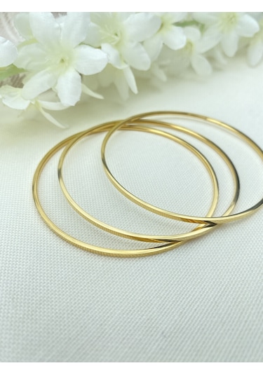 Çelik Bilezik Köşeli Ajda Model Üçlü Yüksek Kalite 316 L Paslanmaz Çelik Bileklik 22 Cm Gold
