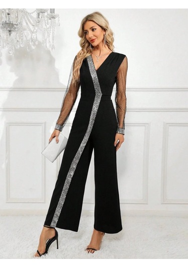 S-pazarım Kadın Uzun V Yakalı Önden Pulpayet Detaylı Tüllü Uzun Ithal Krep Tulum Siyah