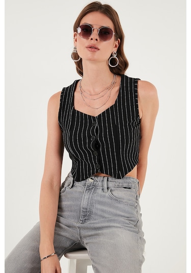 Lela Slim Fit Kalp Yaka Düğmeli Kalın Askılı Crop Bayan Yelek 5865497 Beyaz-Siyah