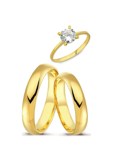 4Mm Bombeli Altın Kaplama Gümüş Alyans Çifti Tektaş Hediye Wr87