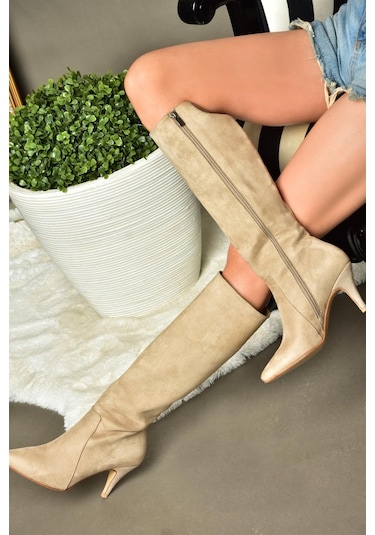 Fox Shoes R372453002 Ten Süet İnce Topuklu Kadın Çizme Ten Rengi