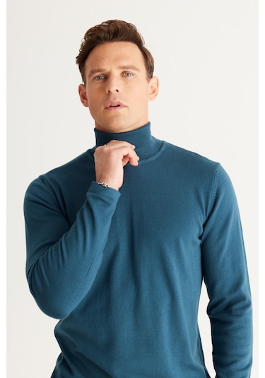 Altinyildiz Classics Erkek Petrol Standart Fit Normal Kesim Tam Balıkçı Yaka Pamuklu Triko 4A4923100007PETS Petrol