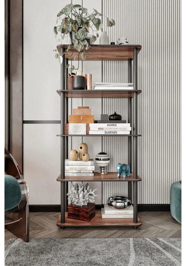 5 Katlı Dekoratif Diktörtgen Kitaplık Ceviz Ceviz