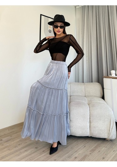 Büzgü Detaylı Beli Lastikli Etek 6005-gri Gri