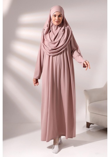 Pratik Başörtülü Tek Parça Namaz Elbisesi Ve Seccade Seti Gül Kurusu Gül Kurusu