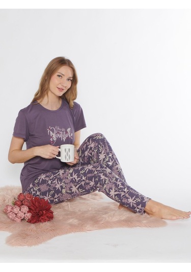 Kısa Kol Viskon Pijama Takımı Yazlık Viskon Dowry 08-129 Mor