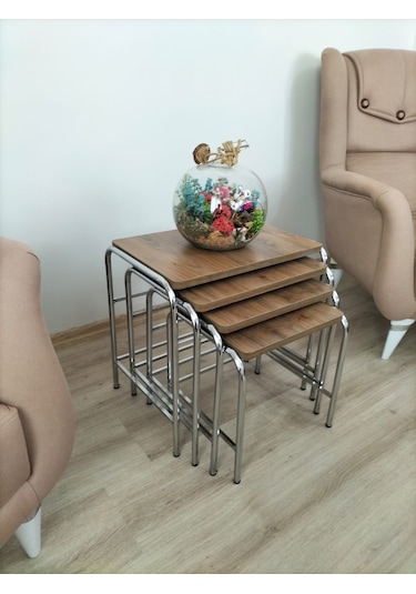 Evko Mobilya Buket Sehpa, 4'lü Zigon Sehpa, Dörtlü, Krom-ceviz