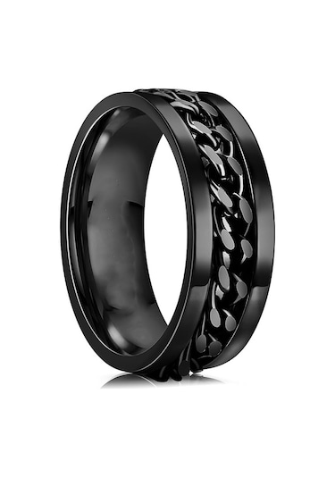 Ortası Dönebilen Zincirli Erkek Kadın Anti-stres Çelik Alyans Yüzük Cl43 Mavi - Siyah