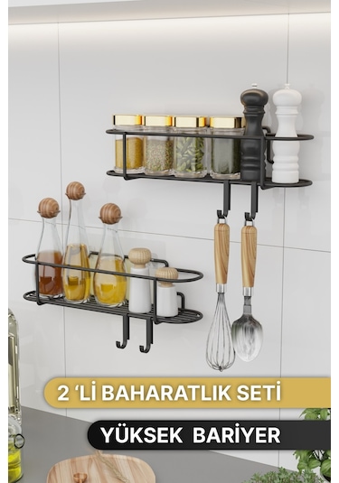 Bino Baharatlık 2 Li Set Siyah Mat Metal Mutfak Rafı Banyo Rafı Yapışkanlı Kancalı Tuzluk Askılık Çok Renkli